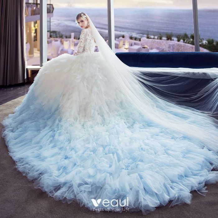 Vestidos cielo profundo cuello encaje tul tulle pedraria longo volver